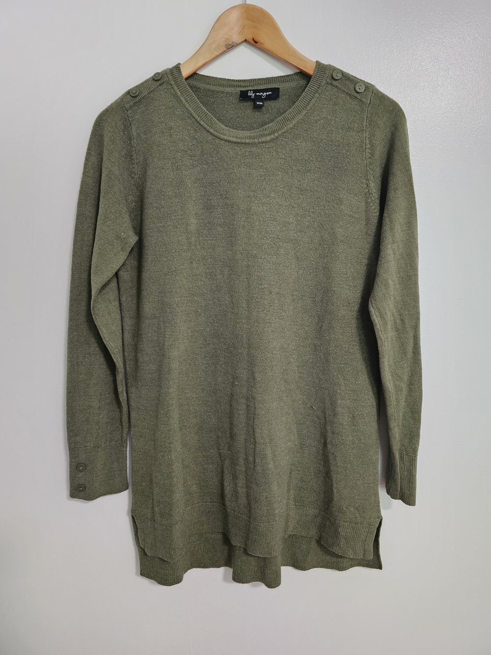 Lily Morgan Olive Green Button-Shoulder Knit Sweater Size Medium
